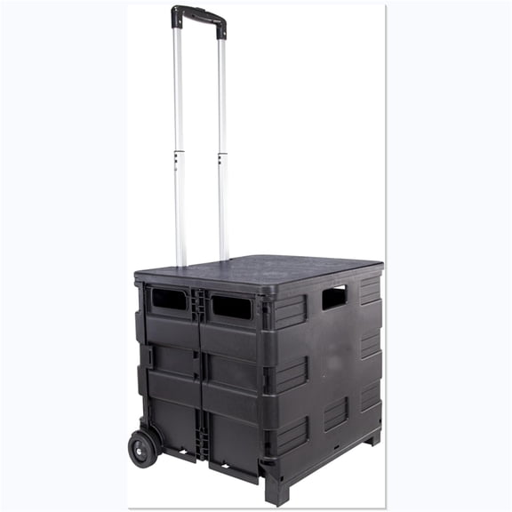 Quik Cart Collapsible Rolling Crate on Wheels for Teachers Tote Basket 80 lbs Capacity, Made from Heavy Duty Plastic Used as a Seat, Black