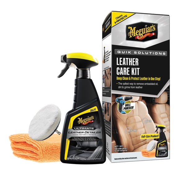 Meguiars Leather Care Kit Includes a Premium Car Leather Cleaner and Conditioner, Drill Backing Plate, Cleaning Disc, Microfiber to Effectively Deep Clean, Nourish & Protect