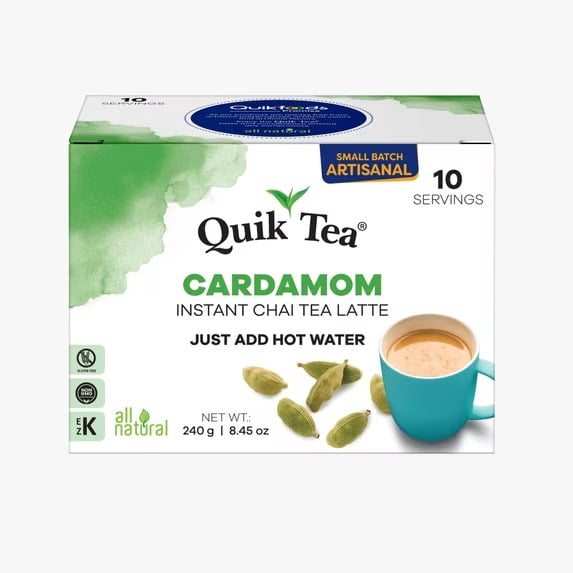 QuikTea Instant Cardamom Chai Tea Latte, 10 Single-Serve Sachets, Artisanal Indian Chai Latte Mix, Just Add Hot Water, Low Caffeine, Non-GMO, Gluten Free