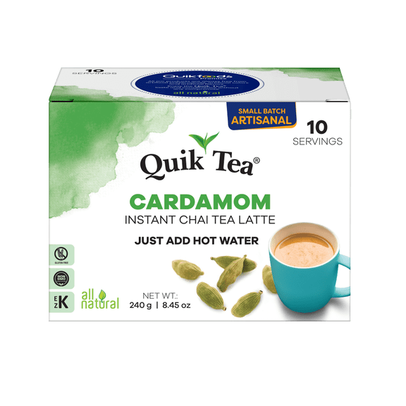 QuikTea Instant Cardamom Chai Tea Latte – 10 Count, warm soothing Cardamom Flavor, low caffeine, No artificial colors, flavors or preservatives – Just Add Hot Water, Kosher, gluten free, non-GMO