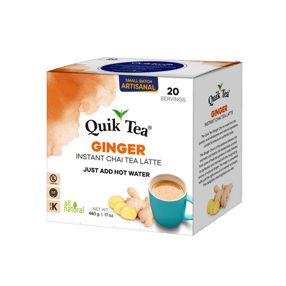 QuikTea Ginger Chai Tea Latte 20 Count, Bold Ginger Flavor, Naturally Caffeine-Light, No Preservatives Just Add Hot Water