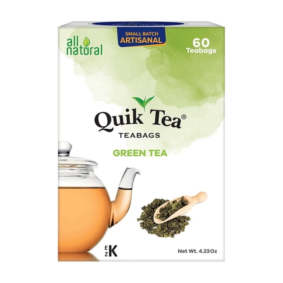 QuikTea Tea Bags- Pure and simple premium Assam Green Tea - 60 Count - All Natural, Naturally rich in antioxidants, Preservative Free, Kosher