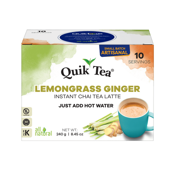 QuikTea Instant Lemongrass Ginger Chai Tea Latte  10 Count, Refreshing lemongrass lift combined with zesty ginger, low Caffeine, No artificial colors, flavors or preservatives  Just Add Hot Water