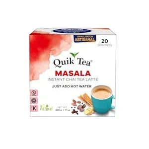 QuikTea Instant Masala Chai Tea Latte, 20 Single-Serve Sachets, Artisanal Indian Chai Latte Mix, Just Add Hot Water, Low Caffeine, Non-GMO, Gluten Free.