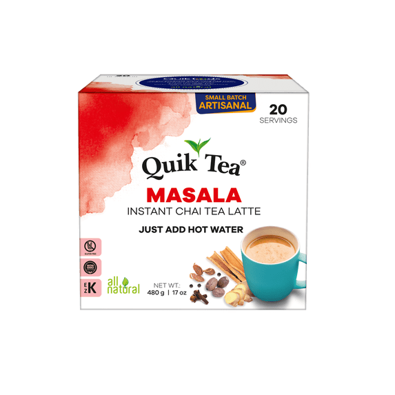 QuikTea Instant Masala Chai Tea Latte – 20 Count, Classic Chai latte with hearty mix of authentic chai spices, low Caffeine, No artificial colors, flavors or preservatives –Just Add Hot Water, Kosher