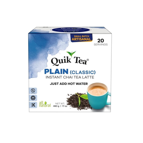 QuikTea Instant Plain Chai Tea Latte, 20 Single-Serve Sachets, Artisanal Indian Chai Latte Mix, Just Add Hot Water, Low Caffeine, Non-GMO, Gluten Free