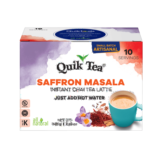 QuikTea Saffron Masala Chai Tea Latte 10 Count, Bold Saffron Masala Flavor, Naturally Caffeine-Light, No Preservatives Just Add Hot Water