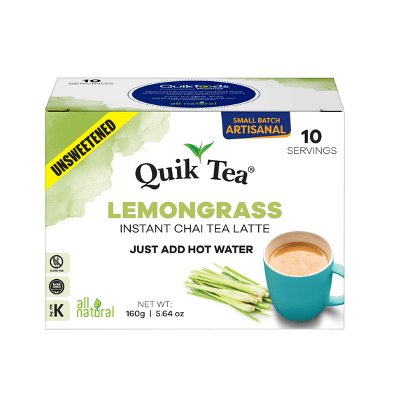 QuikTea Instant Unsweetened Lemongrass Chai Tea Latte Refreshing lemongrass lift, low Caffeine, No artificial colors, flavors or preservatives Just Add Hot Water, 40 servings, Kosher