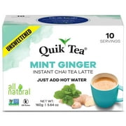 Quik Tea Unsweetened Mint (Pudina) Ginger Chai Tea Latte - 10 Count Single Box - All Natural & Preservative Free Single Serve Pouches of Authentic Instant Chai Tea - Just Add Hot Water!