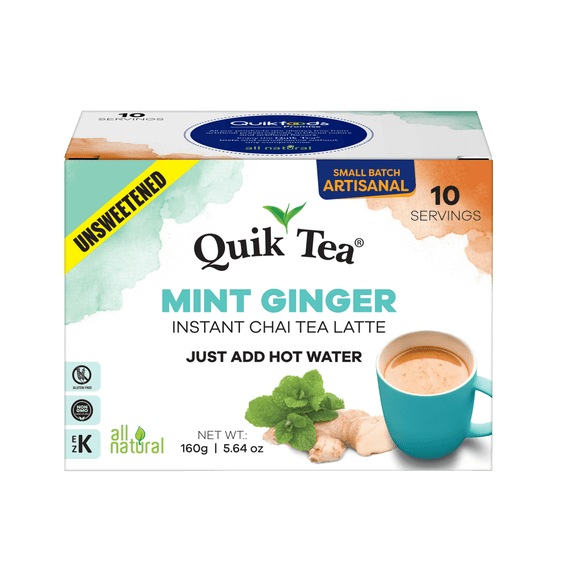 QuikTea Instant Unsweetened Mint Ginger Chai Tea Latte – 10 Count, Crisp freshness of mint combined with ginger, low Caffeine, No artificial colors, flavors or preservatives – Just Add Hot Water