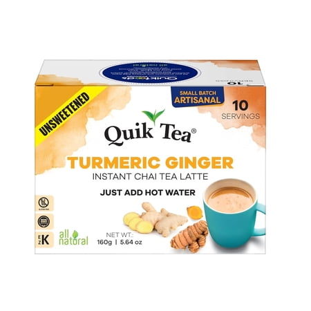 QuikTea Instant Turmeric Ginger Chai Tea Latte Unsweetened, 10 Single-Serve Sachets, Artisanal Indian Chai Latte Mix, Just Add Hot Water, Low Caffeine, Non-GMO, Gluten Free