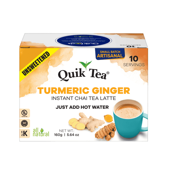 QuikTea Instant Turmeric Ginger Chai Tea Latte Unsweetened, 10 Single-Serve Sachets, Artisanal Indian Chai Latte Mix, Just Add Hot Water, Low Caffeine, Non-GMO, Gluten Free