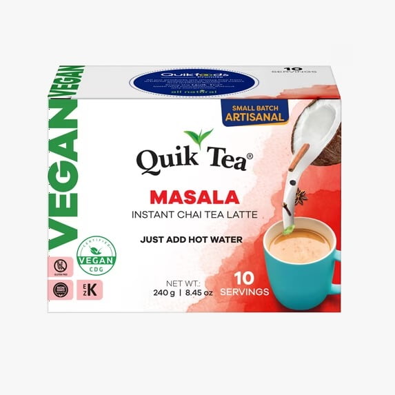 QuikTea Vegan Masala Chai Tea Latte 10 Count, Bold Masala Flavor, Naturally Caffeine-Light, No preservatives Just Add Hot Water