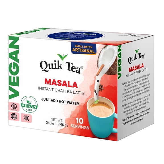 QuikTea Vegan Instant Masala Chai Tea Latte, 10 Single-Serve Sachets, Authentic Indian Chai Made with Coconut Milk Powder, Plant-Based Chai Latte Mix, Just Add Hot Water, Non-GMO, Gluten Free