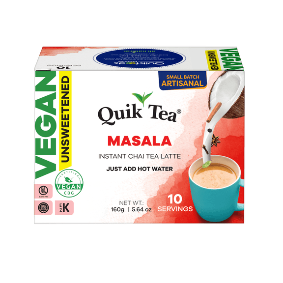QuikTea Instant Unsweetened Vegan Cardamom Chai Tea Latte – 10 Count, Warm and soothing Cardamom Flavor, low Caffeine, no artificial colors, flavors or preservatives  – Just Add Hot Water, non-GMO
