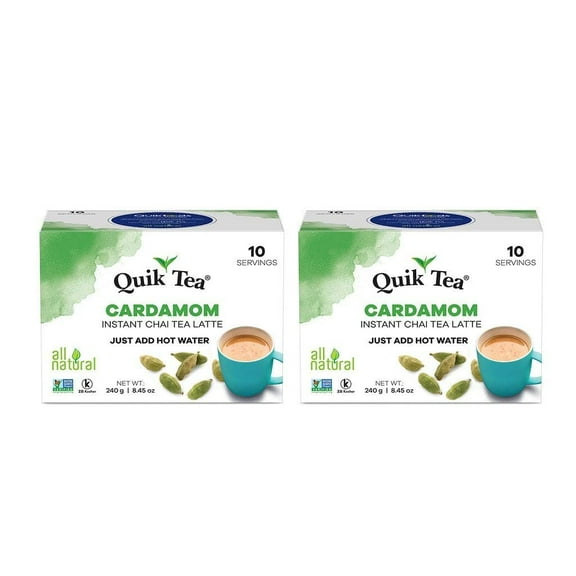 QuikTea Cardamom Chai Tea Latte - 20 Count (2 Boxes of 10 Each) - All Natural & Preservative Free Authentic Instant Chai