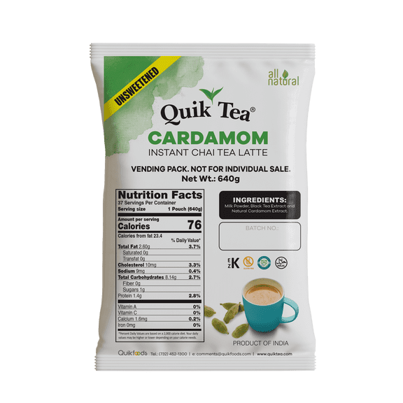 QuikTea Chai Tea Latte Powder, Cardamom Flavor, Unsweetened, Naturally Decaffeinated, Gluten Free, Kosher, Non GMO Project, 10 Count, 640g