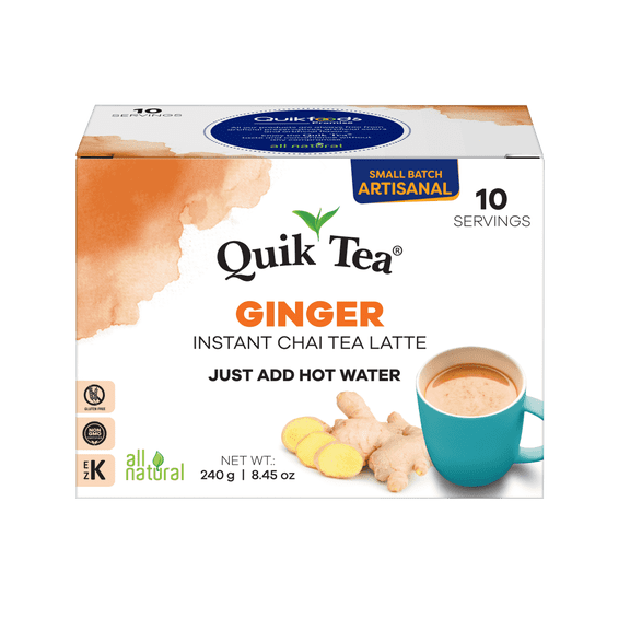 QuikTea Instant Ginger Chai Tea Latte, 10 Single-Serve Sachets, Artisanal Indian Chai Latte Mix, Just Add Hot Water, Low Caffeine, Non-GMO, Gluten Free