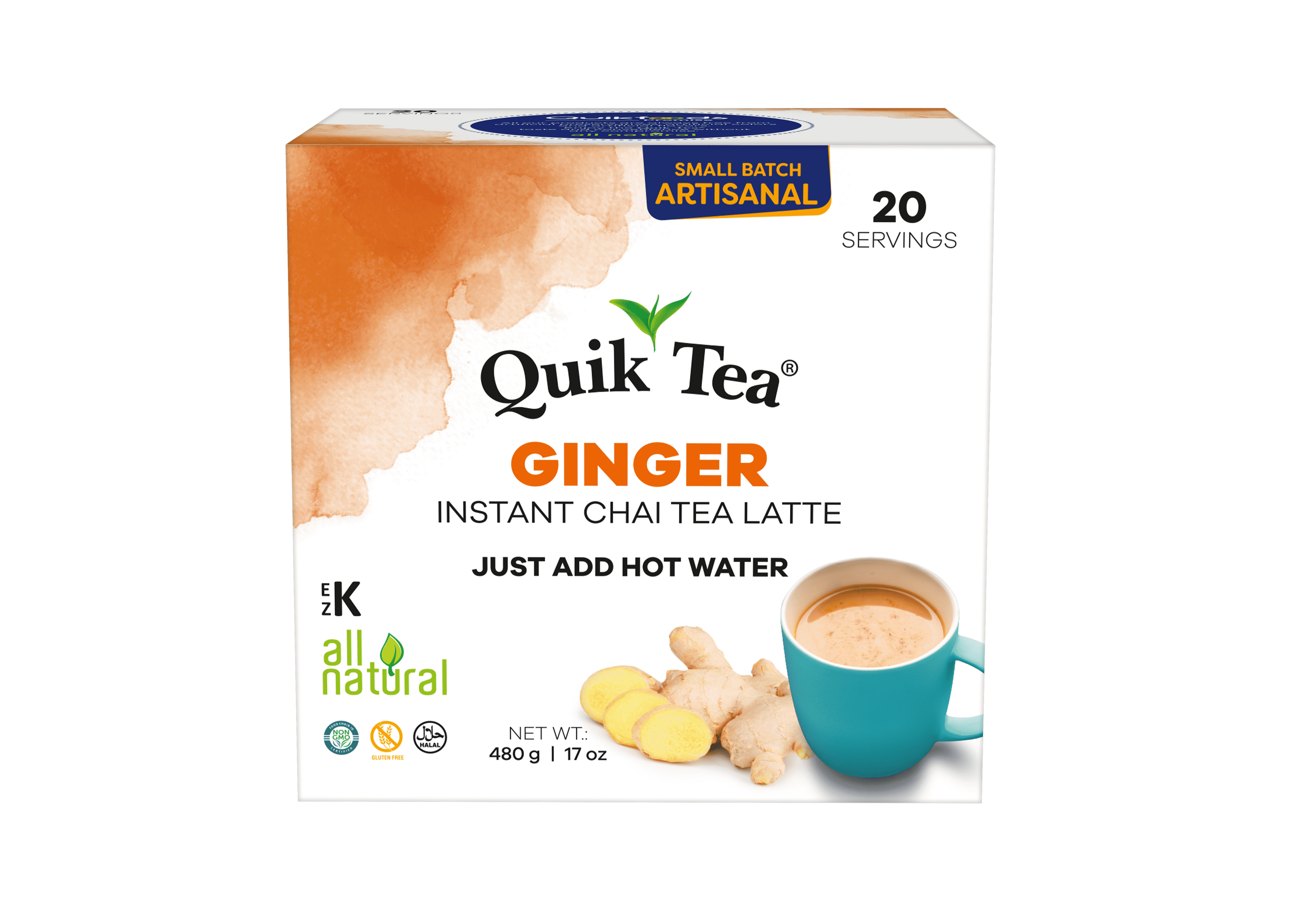 QuikTea Ginger Chai Tea Latte – 20 Count, Bold Ginger Flavor, no