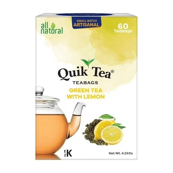QuikTea Tea Bags. 100% Premium Assam Green Tea with natural Lemon Flavor - 60 Count - All Natural, Preservative Free, Naturally rich in antioxidants, Kosher