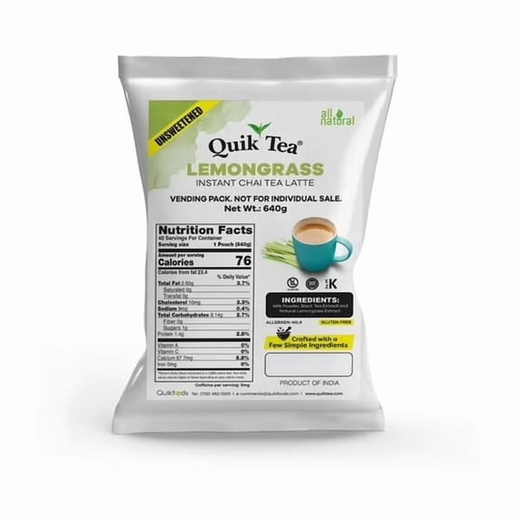 QuikTea Instant Unsweetened Lemongrass Chai Tea Latte Premix - low caffeine, Preservative-Free, No Sugar Added 22.58 oz (640g) of Perfection, Gluten Free, Kosher, 40 servings