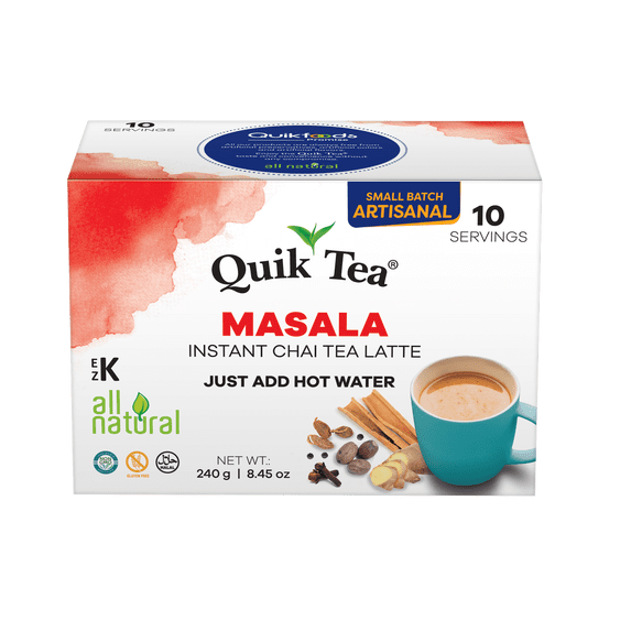 QuikTea Instant Masala Chai Tea Latte – 10 Count, Classic latte with a hearty mix of traditional chai spices, low Caffeine, No artificial colors, flavors or preservatives – Just Add Hot Water, non-GM