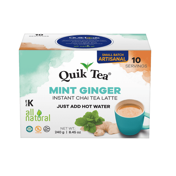 QuikTea Instant Mint Ginger Chai Tea Latte  10 Count, Crisp freshness of mint combined with zesty ginger, low Caffeine, No artificial colors, flavors or preservatives  Just Add Hot Water, non-GMO