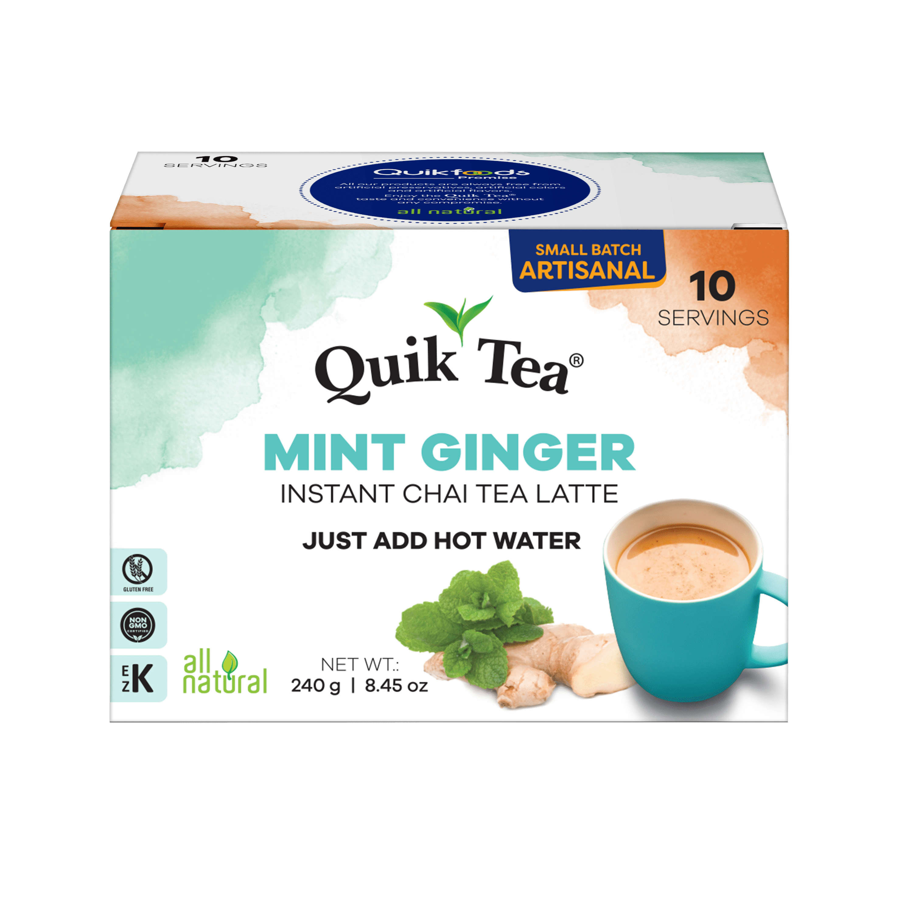 QuikTea Instant Mint Ginger Chai Tea Latte – 10 Count, Crisp freshness of mint combined with zesty ginger, low Caffeine, No artificial colors, flavors or preservatives – Just Add Hot Water, non-GMO