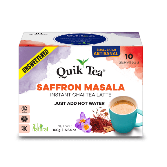 QuikTea Saffron Masala Unsweetened Chai Tea Latte  10 Count, Bold Saffron Masala Flavor, Naturally Caffeine-Light, no preservatives, No Sugar Added  Just Add Hot Water