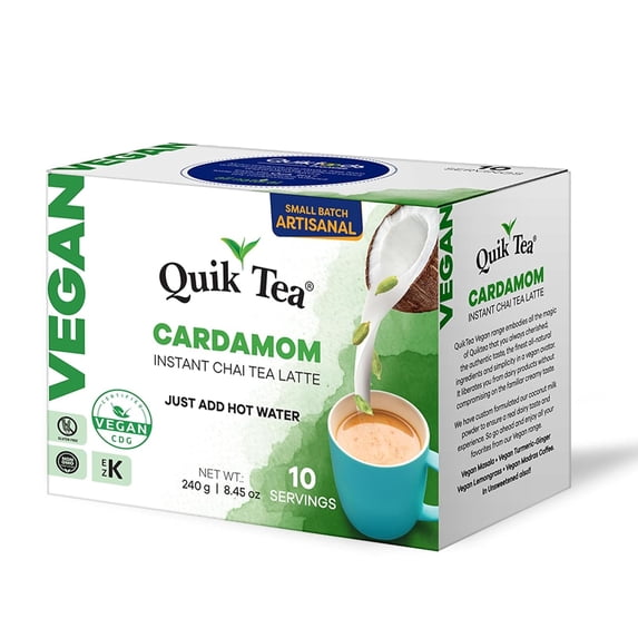 QuikTea Vegan Instant Cardamom Chai Tea Latte, 10 Single-Serve Sachets, Authentic Indian Chai Made with Coconut Milk Powder, Plant-Based Chai Latte Mix, Just Add Hot Water, Non-GMO, Gluten Free