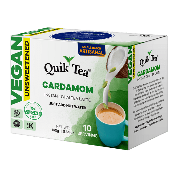 QuikTea Vegan Cardamom Unsweetened Chai Tea Latte – 10 Count, Bold Cardamom Flavor, Naturally Caffeine-Light, no preservatives, No Sugar Added – Just Add Hot Water