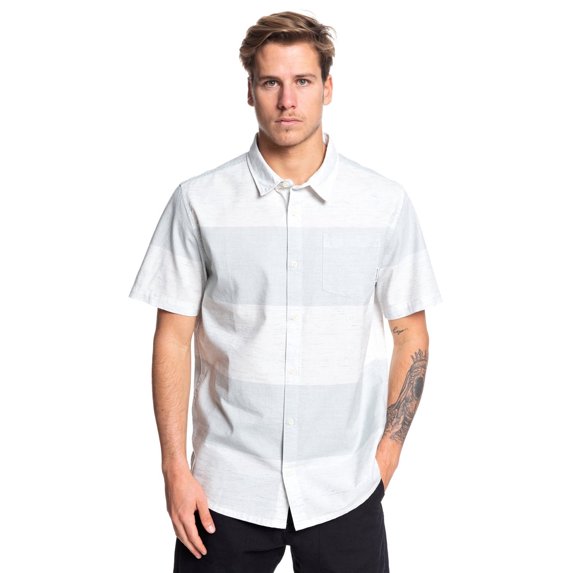 Quiksilver Men's Bars Need Guitars Woven Short Sleeve Button Up Shirt in Grey (Large, Light Grey)