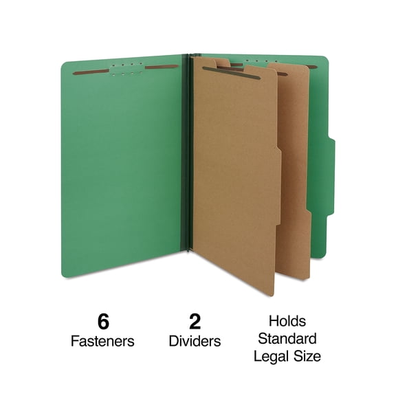 Quill Brand 2/5-Cut Tab Pressboard Classification File Folders 2-Partitions 6-Fasteners Legal Green