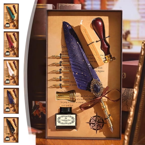 Quill Calligraphy Dip Pen Set with Ink, 5 Nibs, Wax Seal Kit and Stand for Gothic Writing, Drawing and Gift Giving