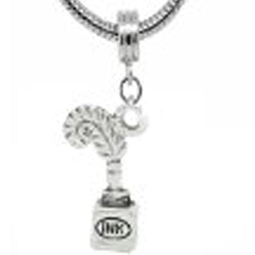 Quill Feather Pen &amp; Ink Bottle Charm Dangle European Bead Compatible for Most European Snake Chain Bracelet