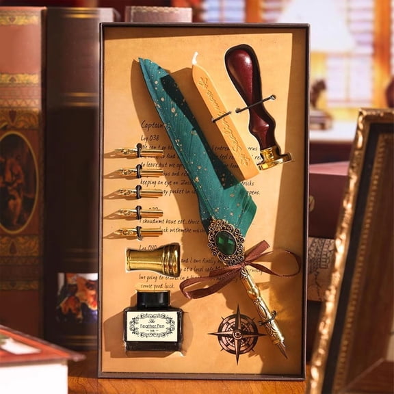 Quill Pen Calligraphy Set • Dip Pen Kit with Ink Bottle, 5 Nibs, FireSeals, Matching Stand • Gothic Writing Gift Set for Journaling, Office