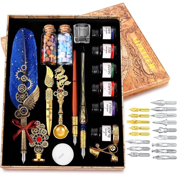 Quill Pen Ink Set- Calligraphy Pen and Ink Set,Includes 6 Bottles of Ink,Quill Pen,Glass Dipping Pen,Wooden Dipping Pen,17 nibs,8 Sheets of Writing Paper,Envelope,Spoon-Blue