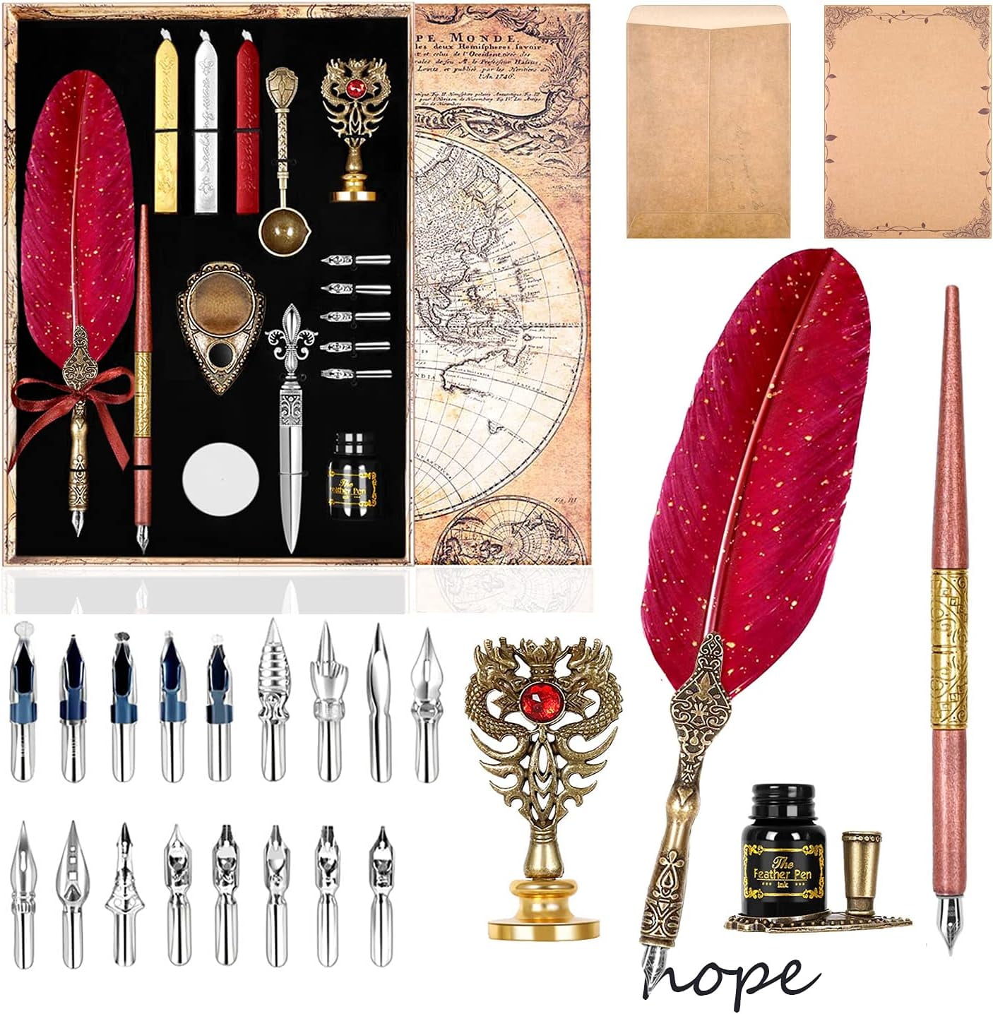 Quill Pen and Ink Set,Feather Pen Ink Set Iludes Quill Pen and wooden dip pen,Ink,17 Replacement Nib,Pen Base,3 Wax Seal Sticks,Stamp,White Wax, Spoon,Envelope Letter Paper,envelope tool(Red)