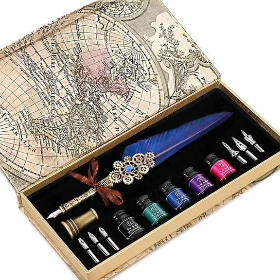 Quill Pen Ink Set Includes 5 Bottles of Ink and 6 Replaceable Stainless Steel Nibs, 1 Gear Quill Pen, Calligraphy Pen Set for Writing, Letter Writing, Signature Invitations (Blue)