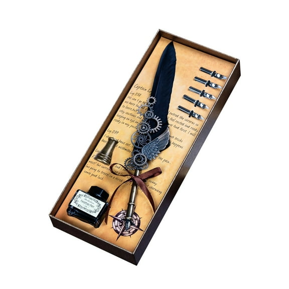 Quill Pen and Ink Set - Mechanical Wing Quill Dipped Gift Box Carved Pen Feather Pen Set Includes Calligraphy Dip Pen with Ink, Pen Holder and 5 Replacement Nibs Ideal Holiday Gifts