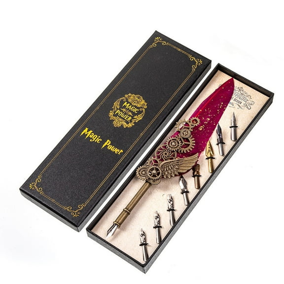 Quill Pen Vintage Feather Dip Ink Pen Punk Style Gear Wing Alloy Pen Stem Writing Quill Pen Calligraphy Pen As Christmas Birthday Gift Cerise 24~25cm