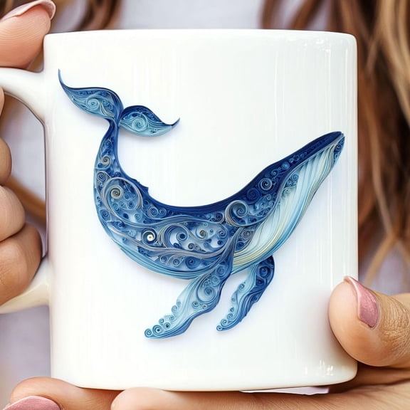 Quilled Look Whale Ceramic Mug, Unique Ocean Animal Coffee Cup, Nautical Gift, Handcrafted Paper Art Design, Sea Lover Tea Mug, Marine Life