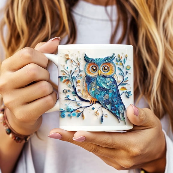 Quilled Owl Ceramic Mug - Blue and Orange Owl on Branch, Gift for Owl Lovers, Nature Coffee Cup, Unique Kitchen Decor, Animal Lover Gift,