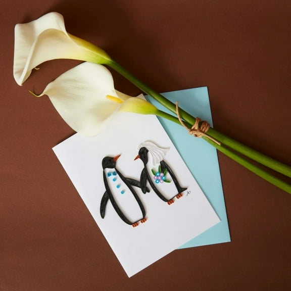 Quilled Paper Penguin Wedding Greeting Card