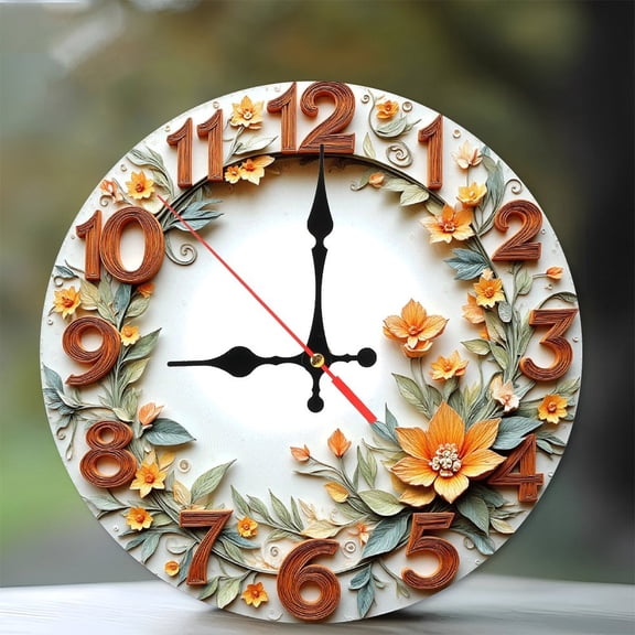 Quilling Paper Flower Wall Clock Home Decor 10-Inch Silent Wooden Wall Clock, Battery Operated (AA Batteries Not Included), Artistic Home Decor