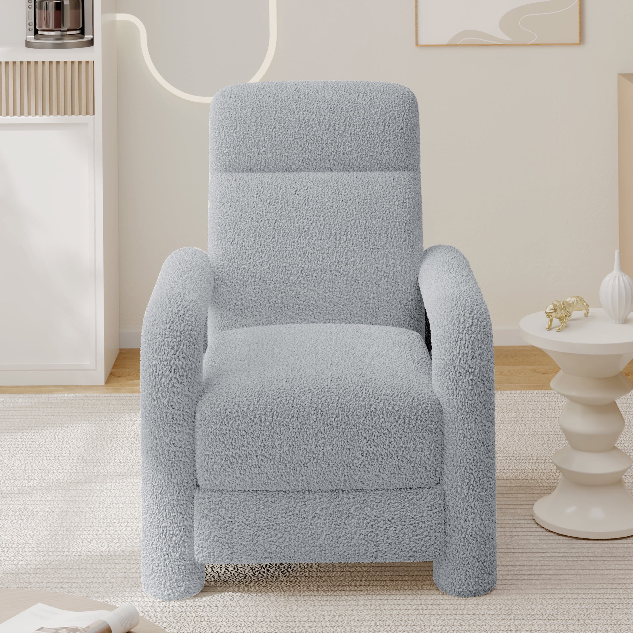 Quillson Modern Upholstered Teddy Fabric Push Back Recliner, Light Grey