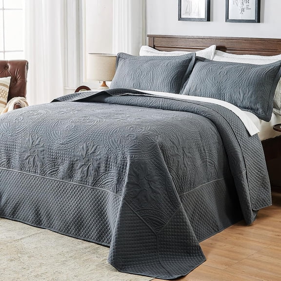 Quilt 120x120, 3 count California Size Bedspread, Soft Microfiber Lightweight Coverlet, Quilting , Dark Grey