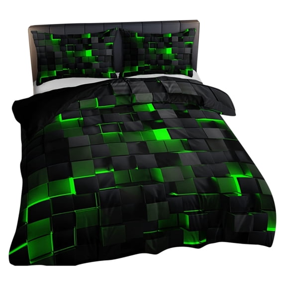 Quilt Bedding Set, 59X79 In, Green Black Geometric Print, Duvet Cover Set, Guest Room Sleeping, Pillow King Size Set of 2, 3 Piece Bundle