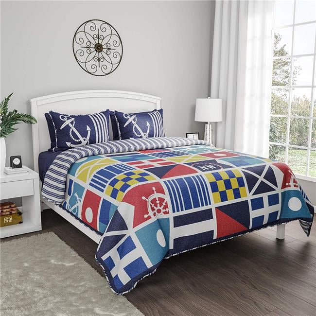 Full/Queen Coastal-Themed Reversible Quilt Set with Nautical Flags