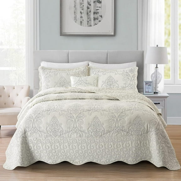 Quilt Bedspread Oversized King 4 Piece Bedding Set 120" x 120" Elegant Antique Classy Damask Embroidery with Scallop Edges, Ultra Soft Lightweight Coverlet, Antique White